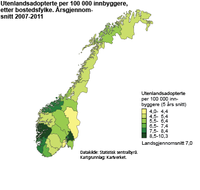 Utenlandsadopterte per 100&nbsp;000 innbyggere, etter bostedsfylke. Årsgjennomsnitt 2007-2011 