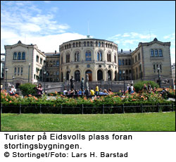 Turister på Eidsvolls plass foran stortingsbygningen